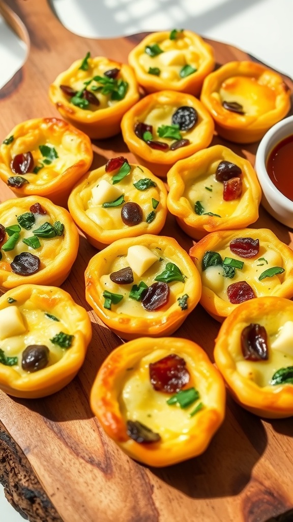 A colorful array of mini quiches with various fillings on a wooden platter, garnished with herbs.